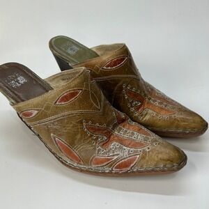 Frye Vintage Western Leather Mules Studded Pointed Toe Clogs Olive Tan 10M F403